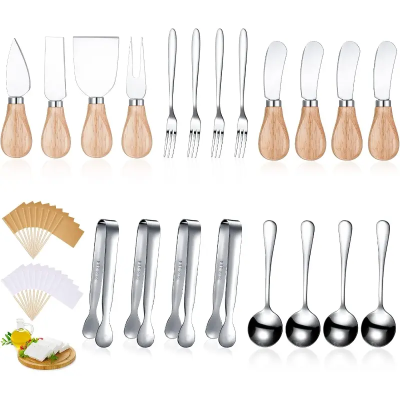 20 Pieces Charcuterie Board Accessories Spreader Knife Set Cheese Butter Spreader Knife Charcuterie Utensils with Wooden Handles Mini Serving Tongs Spoons Forks for Birthday Party Wedding Christmas,Silver,Textiles & Soft Furnishings