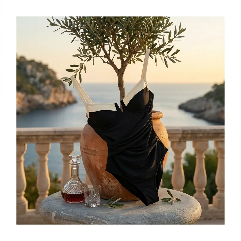 Women's Classic Premium 1-Piece Swimsuit, Vintage Contrast Trim Design, Elegant Monochrome Style for Luxury Resort Vibes