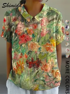 Women's Spring Summer Vintage Boho Floral Print Shirt, Casual Vacation Daily Wear Lapel Short Sleeve Top, Fitted Random Print Blouse