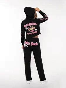 Bobby Jack Hoodie & Pants Set - Surrender - Black, Fitted, Embroidery, Zipper, Pockets, Elastic Waist, Drawstring, Medium Length, All Seasons, Original Womenswear