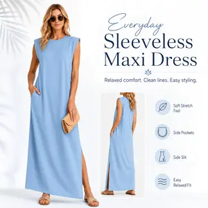 Women’s Sleeveless Maxi Dress with Pockets, Casual Loose Fit Crew Neck Long Dress, Soft Stretch Polyester Spandex Side Slit Summer Lounge Dress for Daily Wear, Travel & Vacation