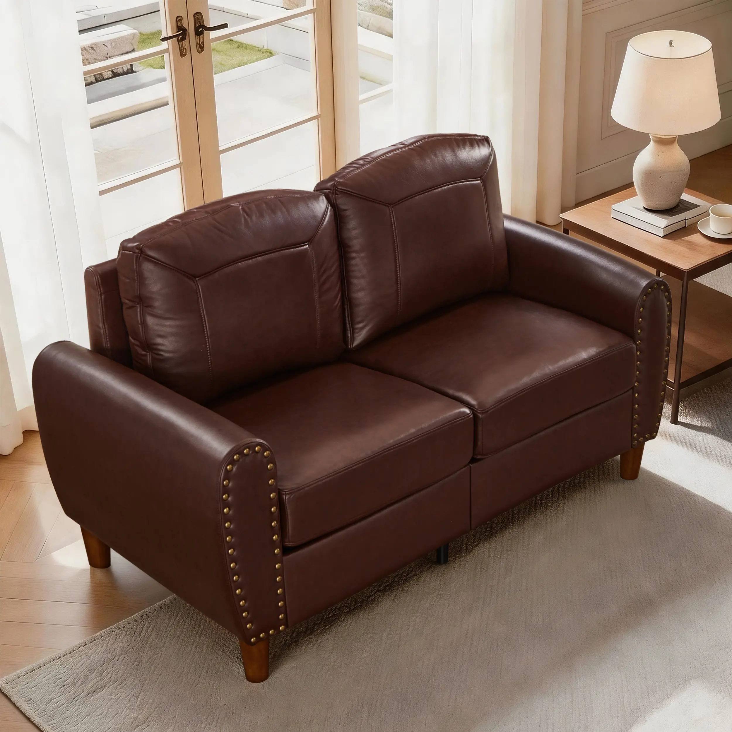 Eyisean 59" PU Leather Loveseat Sofa, Mid Century Modern Couch with Nailhead Trim & Rolled Armrests, Durable 2-Seat Wood Frame Couches with Anti-Slip Foot Pad , Comfy Upholstered Deep Seat Sofa for Living Room, Bedroom, Apartment, Office
