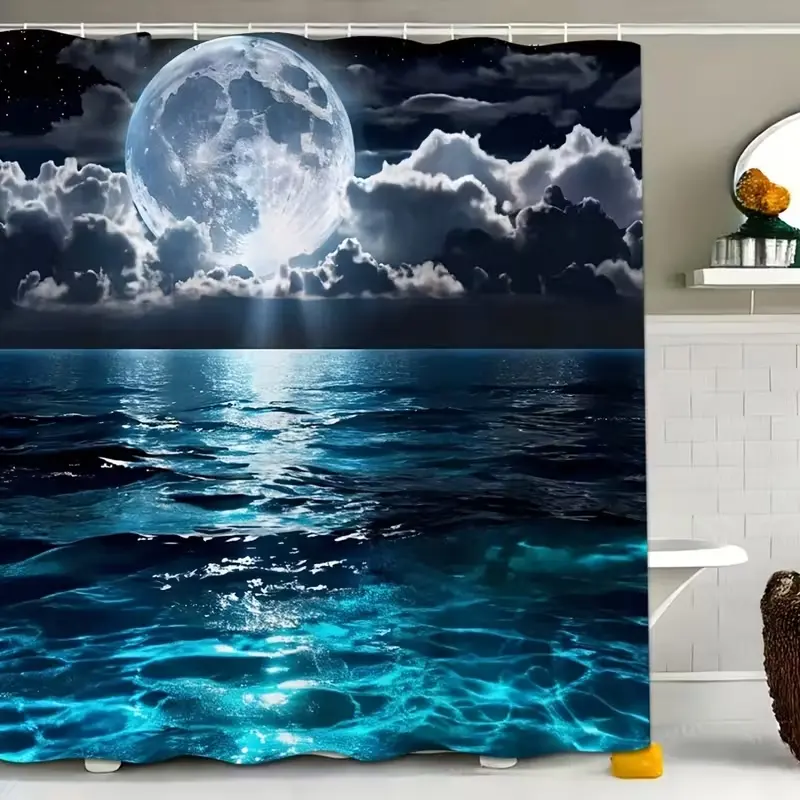 1/4 pcs Moonlight shower curtain with a moonlit lake pattern, shower curtain set, non-slip mat, U-shaped rug, toilet seat cover, perfect for bathroom décor, includes 12 shower curtain hooks, Bathroom Supplies, Bathroom Decor