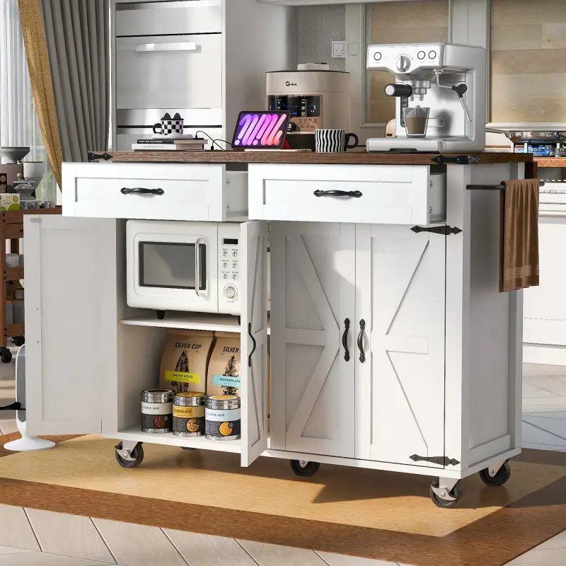 53.5''Farmhouse Kitchen Island with Power Outlet, Kitchen Storage Island with Drop Leaf, Spice Rack and Drawer, Rolling Kitchen Cart on Wheels, for Home, Kitchen and Dining Room, White