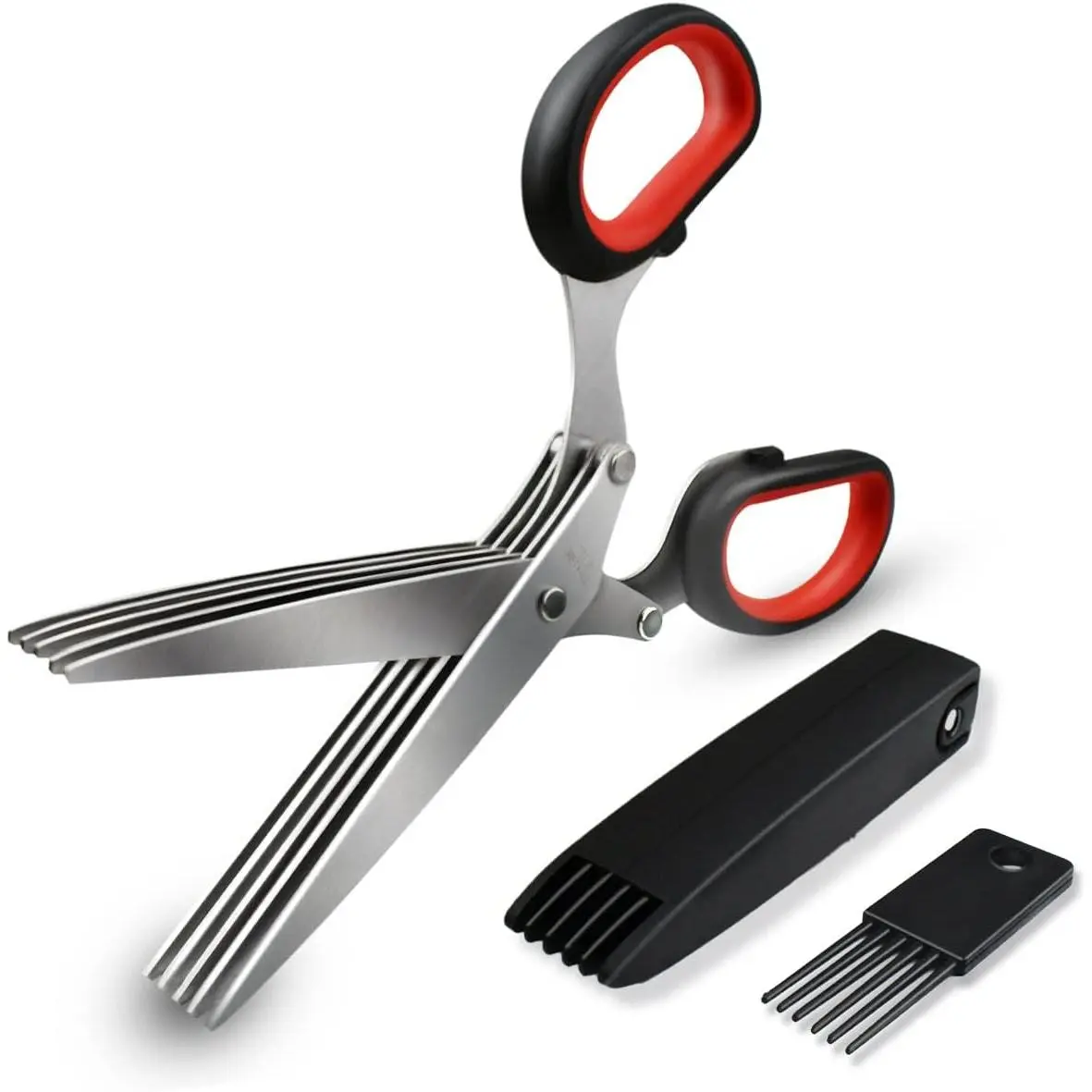 5    Kitchen  Shears  Multipurpose  Shear with 5 Stainless Steel  & Safety Cover & Cleaning Comb Salad Sizzors Cilantro Chive Parsley Onion  (Black Red)