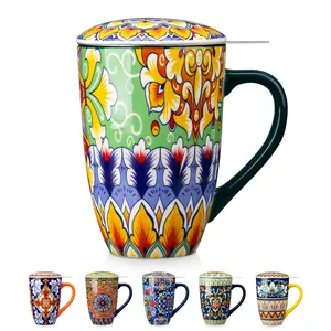 vancasso Ceramic Tea Mug with Infuser & Lid, 18 oz Large Tea Cup for Loose Leaf Tea & Coffee, Bohemian Design, Microwave & Dishwasher Safe