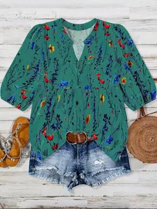 Plus Size Floral Print V Neck Blouse Top, Bubble Sleeves & Waist Tie Design, Loose Fit, Vintage Farmhouse Style, Casual Commuter Wear