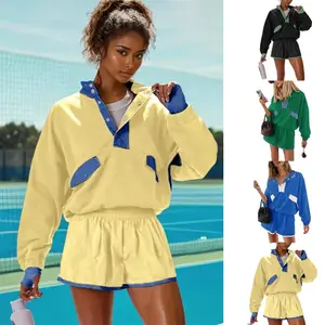 WoodBerry Women's Two Piece Workout Short Sets Summer Lounge Sweatsuits Long Sleeve Athletic Outfits Pullover Sweatshirt and Shorts Travel Tracksuit with Pockets