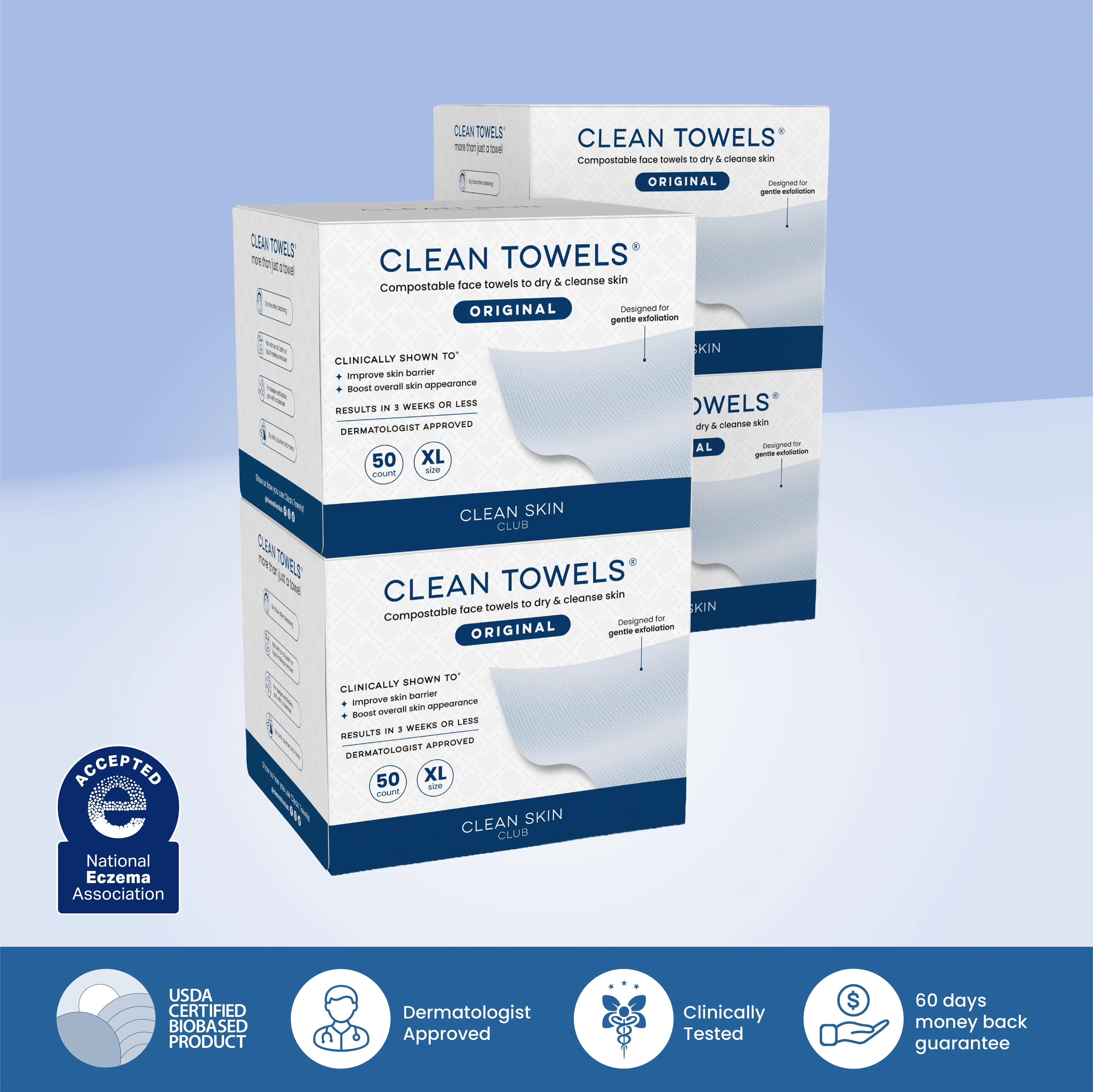 Clean Skin Club Clean Towels XL, 4 Packs, 200 towels! 100% USDA Biobased Face Towel, Disposable Face Towelette, Eczema Association Accepted, Makeup Remover Dry Wipes, Ultra Soft,