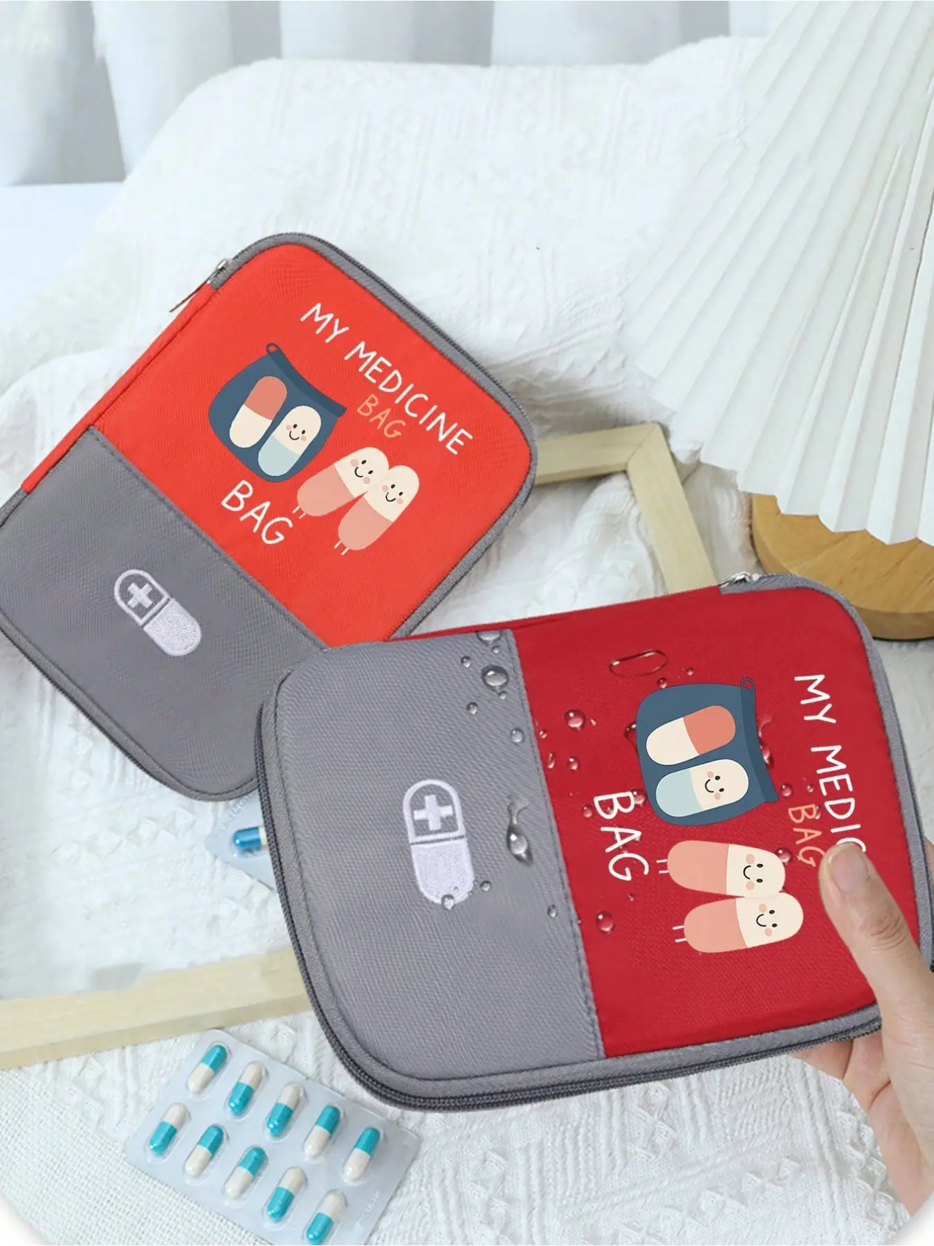 Portable medical bag with "My Medicine Pack" and pill pattern, portable camping medicine bag, compact first aid kit, portable storage bag, travel storage