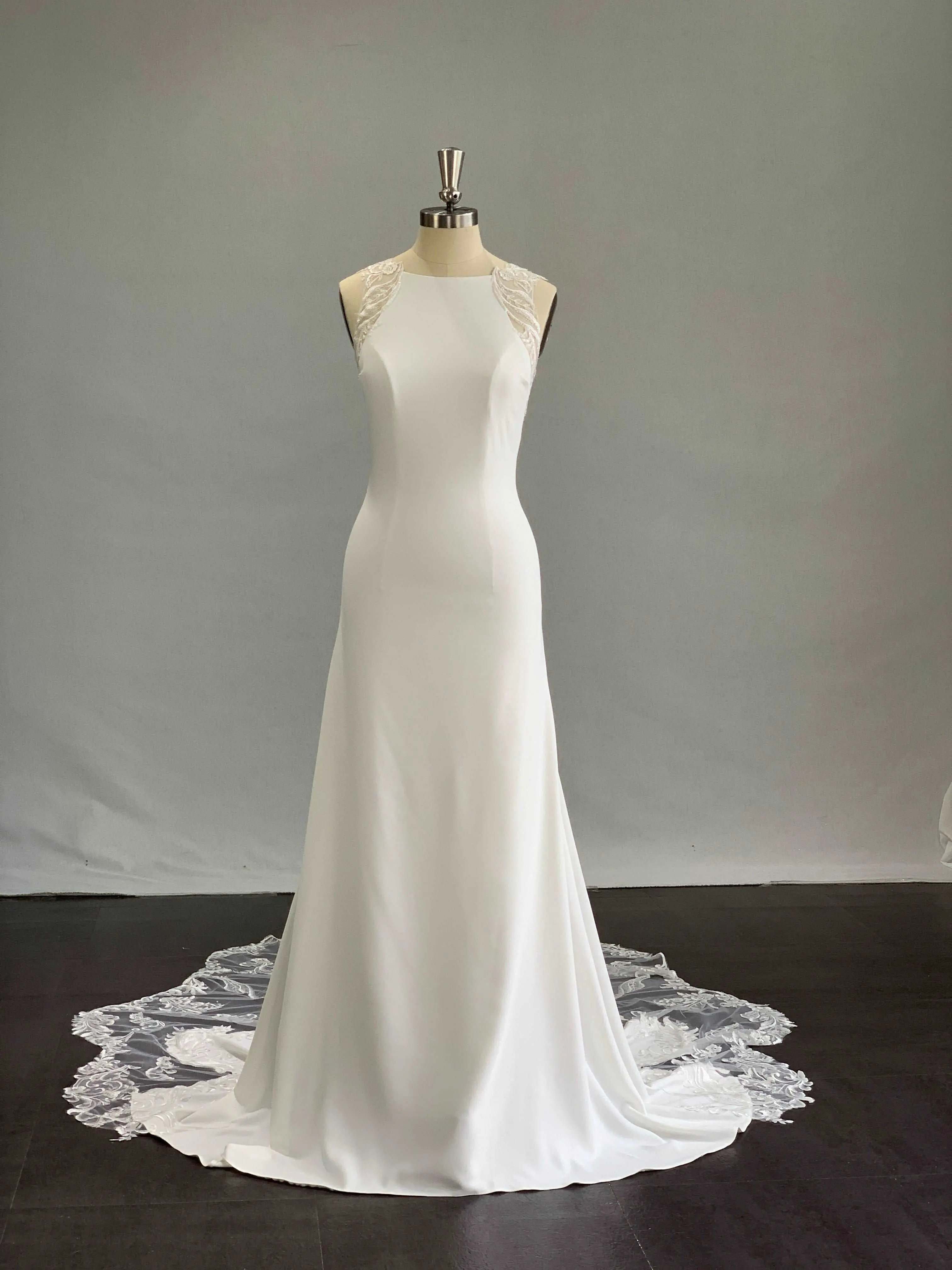 Women's Halter Neck Wedding Dress in Minimalist Sheath Style, Solid Crepe with Scalloped Lace Chapel Train, Modifiable, Can Be Modified, Halter Neck Dresses, Crepe & Lace, Custom, Zip, Sleeveless, Made To Order, Multi-Size, Long, Plain, Contact Us