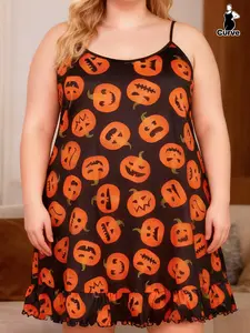 Summer Plus Size Women's Loungewear Sexy Coquette Halloween Pumpkin Print Slip Nightgown Soft Casual Nightdress Casual Pajama Dress Sleepwear Loungewear