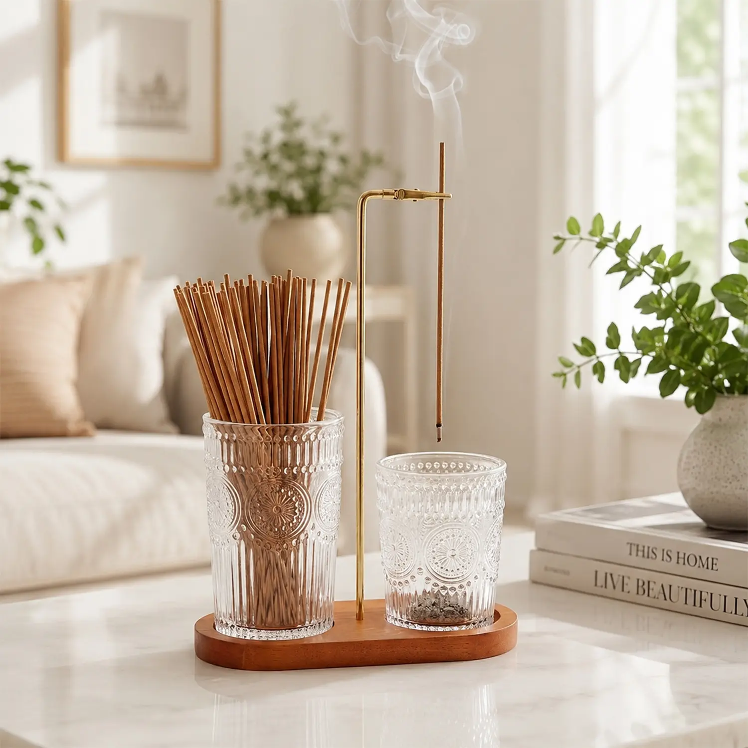 2 in 1 Incense Holder for Sticks, Vintage Glass Upside Down Incense Burner with Removable Ash Catcher & Solid Wood Base, Anti-Ash Flying Catcher for Meditation, Yoga, Spa & Home Decor