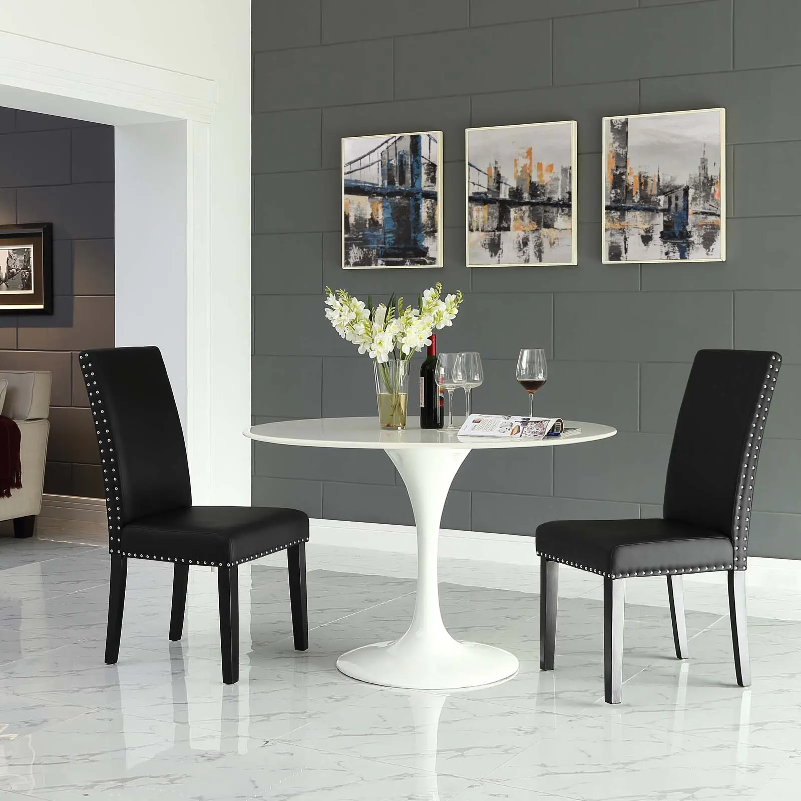 Modway Parcel Black Vinyl Dining Side Chairs, Set of 2 - Indoor Furniture Black Chairs