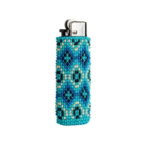Celeste - Beaded Lighter Case in Soft Sky Blue Hues - Handmade by Huichol Artisans - Mother Sierra