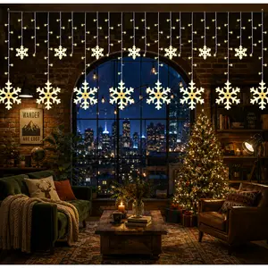 Holiday Snowflake Decor Curtain Lights | 11.5Ft 158 LED Warm White Battery Powered (Batteries Not Included), Connectable String Lights for Eaves, Window & Porch