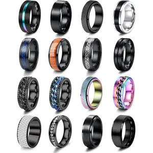 YADOCA 16Pcs Stainless Steel Band Rings for Men Women Fidget Anxiety Relief Rings Cool Chain Beveled Edges Celtic Black Band Spinner Rings Set for Wedding Promise Mens Rings Pack