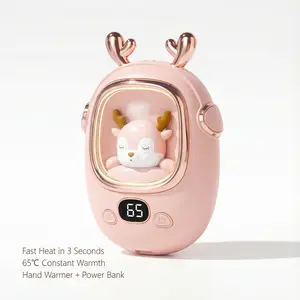 Cute Deer Hand Warmer Power Bank 2-in-1, Fast Heat in 3 Seconds, Adjustable Temperature up to 65 ° C, Explosion-Proof Rechargeable Pocket Heater with Soft Night Light - Perfect Christmas Gift for Women, Girls & Kids