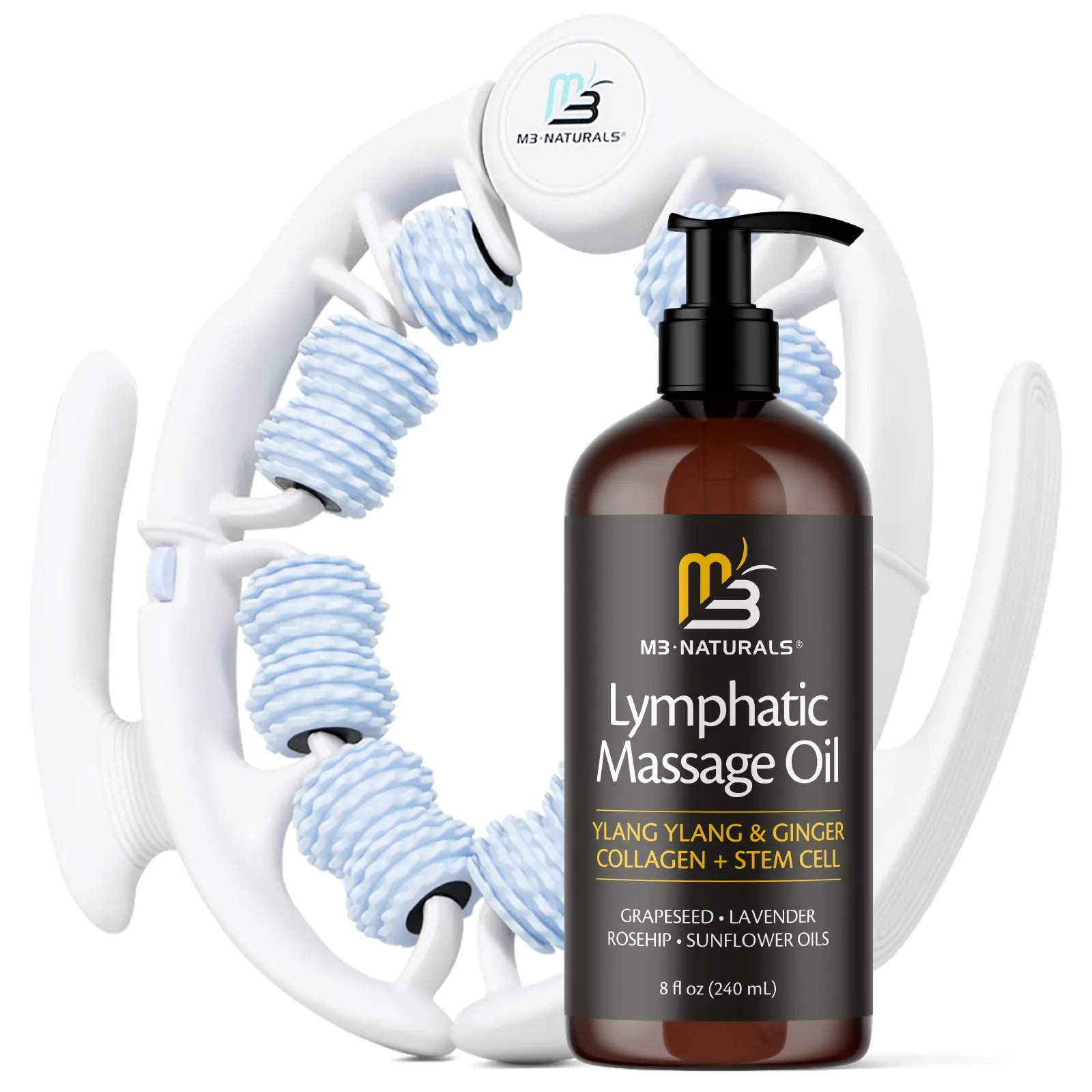 Lymphatic Drainage Massage Oil + Body Roller Kit, with Ylang Ylang, Ginger, Collagen & Stem Cells for Circulation, Detox, Cellulite Removal, Sore Muscle Relief & Skin Firming, 8oz by M3 Naturals Body Care Relaxation Daily Body Oils