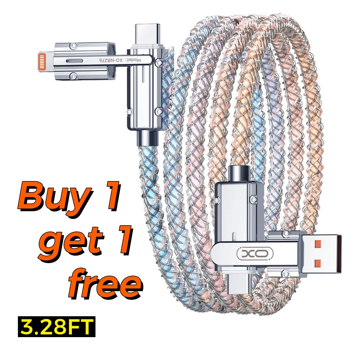 [Buy 1 Get 1 Free] 3.28ft  4-in-1 Multi USB Colorful Light Charging Cable with USB A,Type C,Lightning-MAX60W Fast Charging & Data Sync for iPhone 17/16/15,iPad Pro,  fast charger usb cable 4-in-1 fast Breathing Light  -max 1 usb-c data 4 1 charging cable