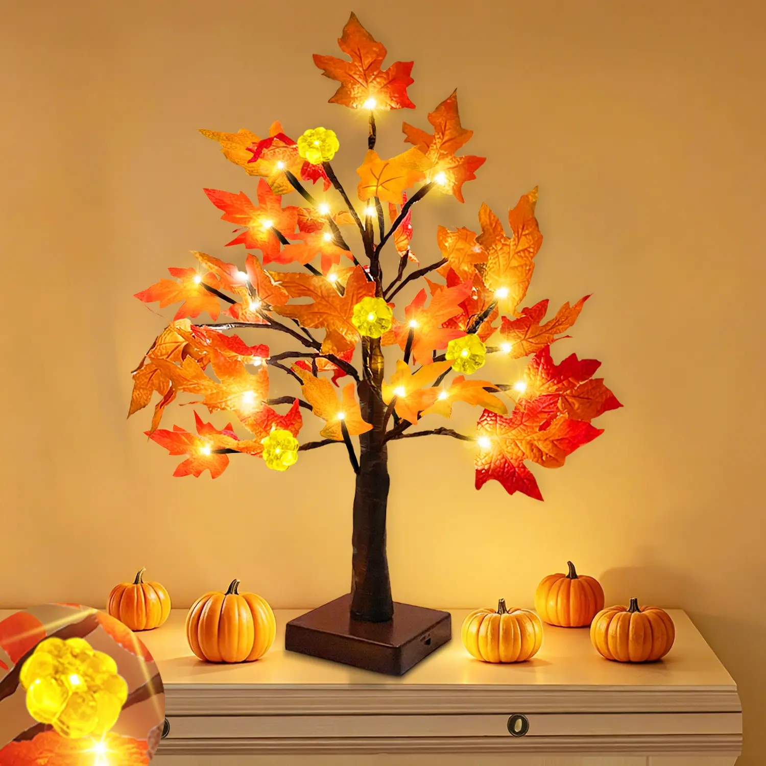 18 Inch Prelit Fall Maple Tree with Pumpkin Lights Timer Fall Decorations for Home, Battery Operated 24 Warm White LEDs for Autumn Halloween Thanksgiving Table Party Home Fall Decor Indoor Outdoor