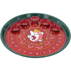 Decorative Stainless Steel Pooja Thali with Bowls Diya Plate Platter Ganesha Design Housewarming Pooja Articles for Aarti Indian Traditional Festival Size 10" Red Green