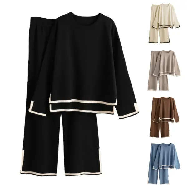SCUSTY Womens Knit 2 Piece Sweater Sets Outfits Long Sleeve Pullover Tops Wide Leg Pants Tracksuits
