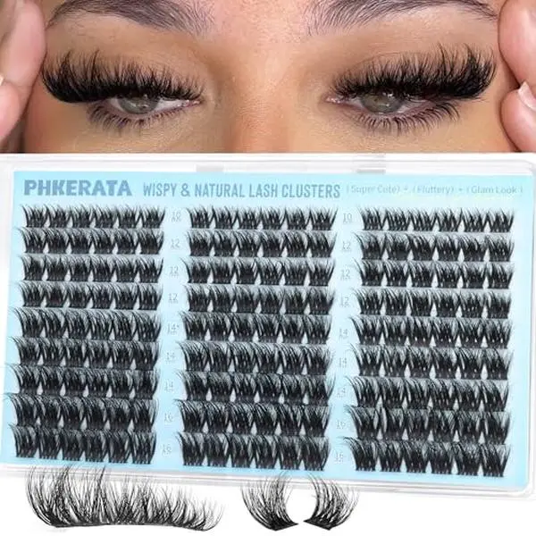 PHKERATA Fluffy Lash Clusters Wispy Eyelash Clusters Natural C Curl Cluster Eyelash Extensions Volume Individual Lashes DIY Eyelash Extension with Soft Thin Band, 10-16mm