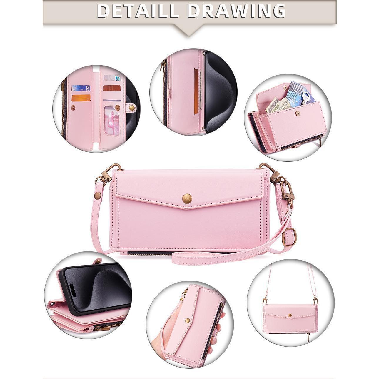 Smartphone, women's wallet protective case, supports wireless charging, with RFID card holder, detachable magnetic case, crossbody strap, wristband zipper mobile wallet, Cash, Protection, Accessories For iphone 17 phone case /16/15/14/13/12 Pro Max Plus