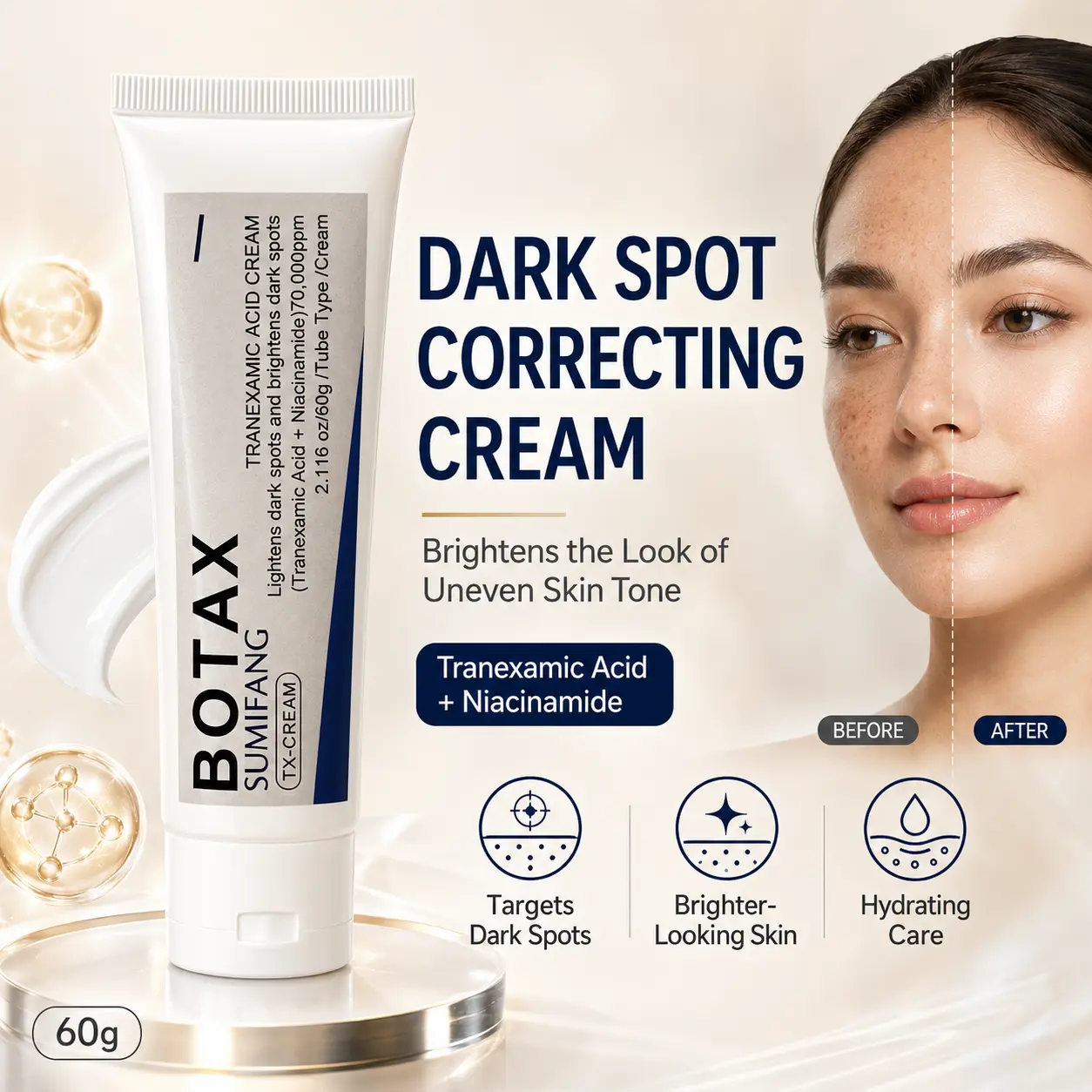 Dark Spot Correcting Facial Smooth Cream with Tranexamic Acid, Niacinamide & Salicylic Acid, All Skin Face Care Products Brightening Moisturizer for Uneven Tone, Lightweight Daily Skincare Formula, 60g