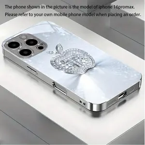Tempered Glass Smartphone Cellphone Case, Silver Diamond T-Shaped Crystal Light Apple Pattern Electroplated Silver Cover, Mobile Phone Accessories with Screen Protector, Compatible with iPhone 17,16,15,14,13,12,11 Plus Pro Max