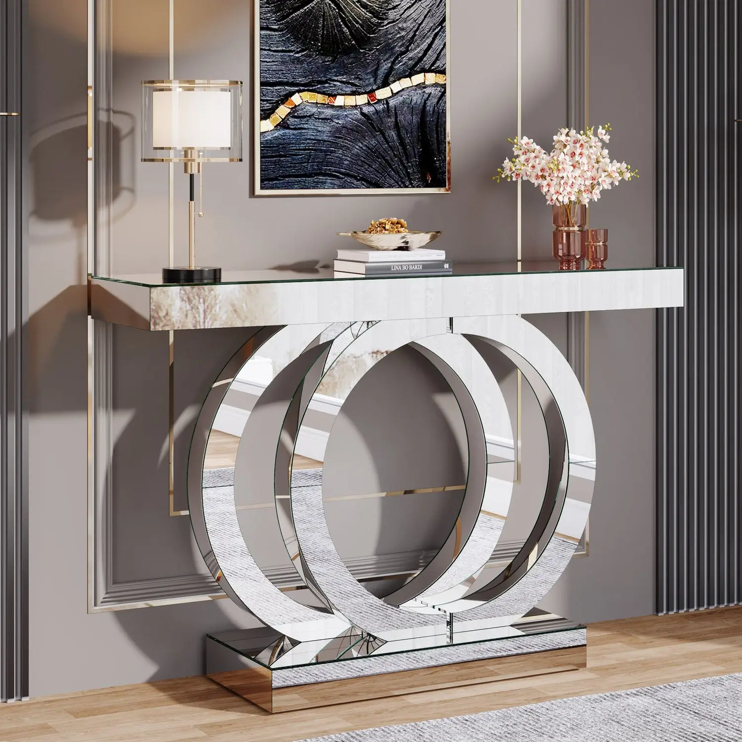 43.3-Inch Mirrored Console Table, Modern Entryway Table with Thickened Mirror Finish Tabletop, Rectangle Glass Sofa Table Foyer Table for Entryway, Ha
