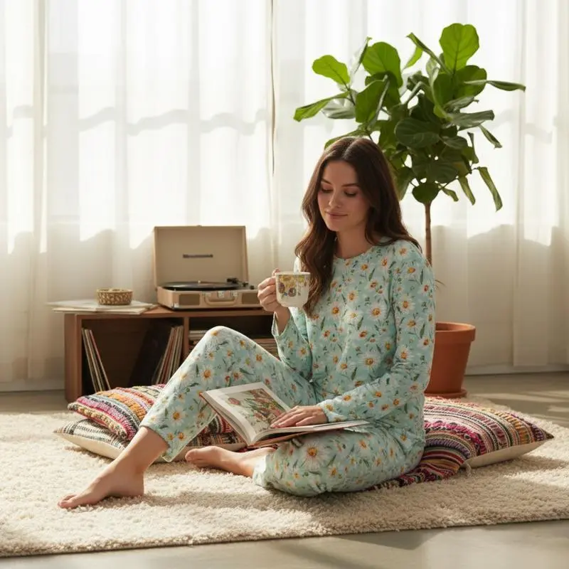 Women's Adult Bamboo Two Piece Daisy Dreams Pajama Set Eco-Luxury Comfort Featherlight Softness Loungewear Nightwear
