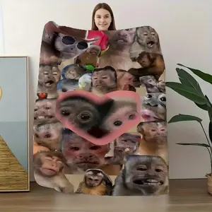 Monkey Heart Expressions Flannel Blanket-Soft Plush Throw with Expressive Monkey Faces (Surprise!, Love!, Happiness), Heart Accent - Lightweight Warm All-Season Blanket for Couch, Bed, Office,