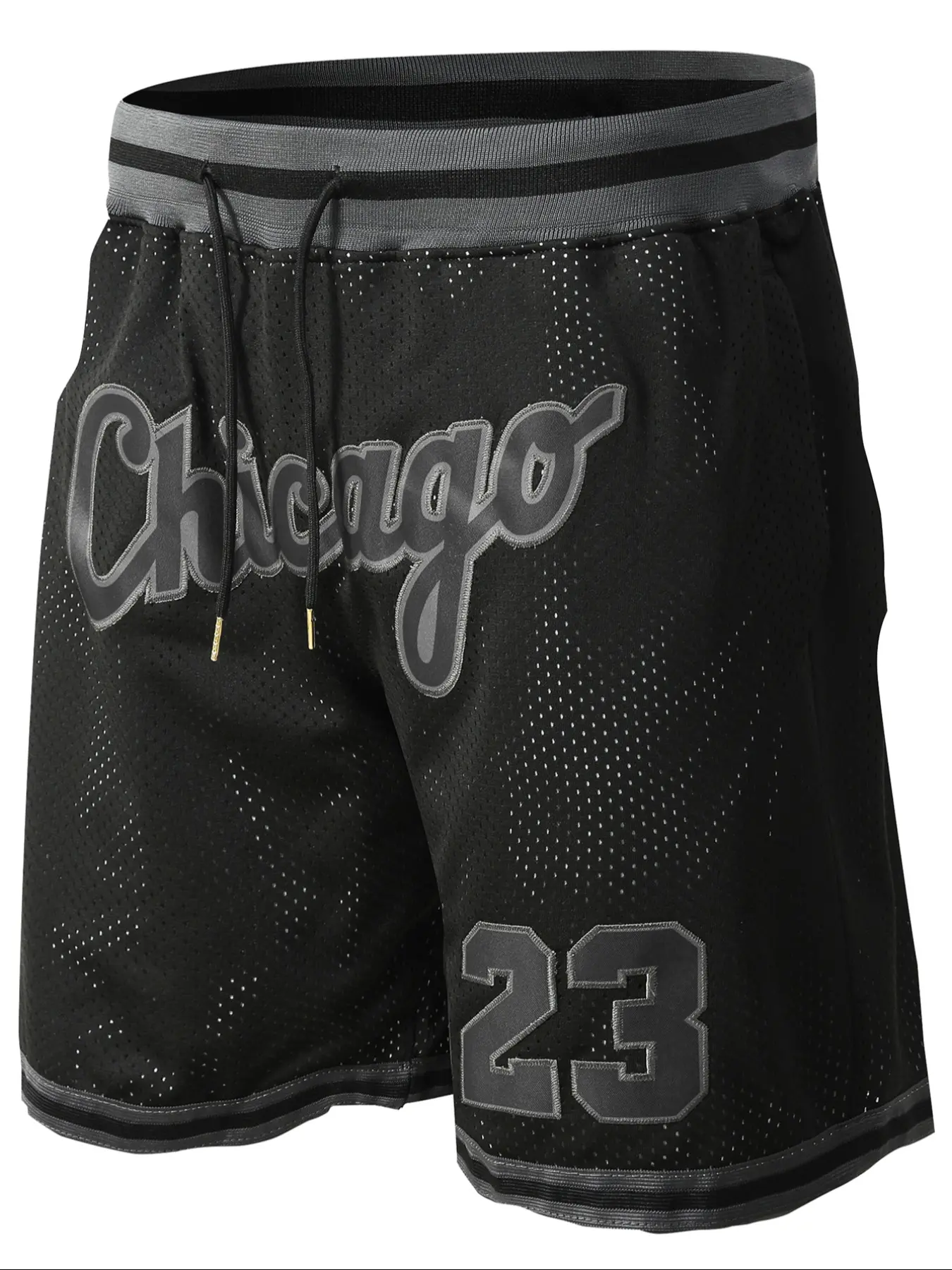 Men's 23 Black Vintage Embroidered Zipper Basketball Shorts, Activewear Shorts, Workout Shorts, Casual Fitted Athletic Fitness Shorts for Spring & Fall, Moderate Fabric Thickness