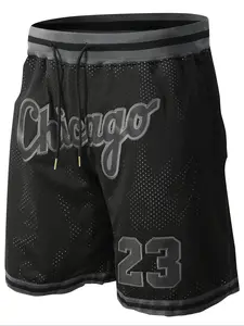 Men's 23 Black Vintage Embroidered Zipper Basketball Shorts, Casual Fitted Training Pants for Spring & Fall, Moderate Fabric Thickness