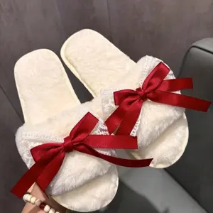 Women's Plush White Slip-On Slippers with Lace Bow-Tie and Ribbon for Christmas and Wedding Casual Wear - Girl - Footwear