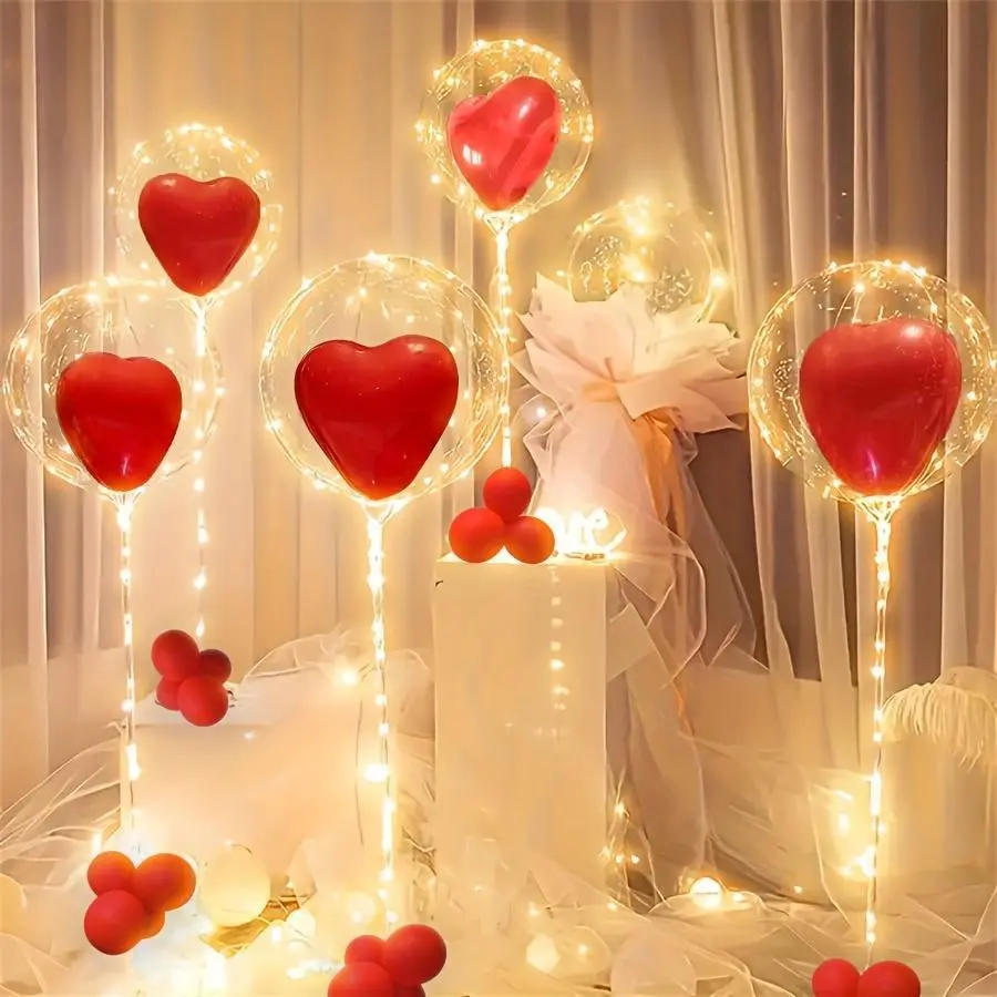 Bobo Balloons 5 Pcs Large LED Glowing Balloons - Yellow String Lights & 20pcs Red Hearts, Do Not Include Batteries for Various Parties