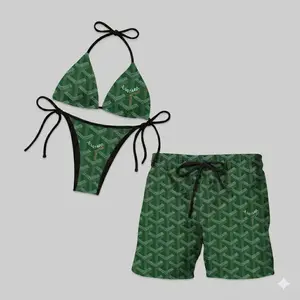 Couples Matching Swimwear Set Monogram Print Bikini and Men’s Board Shorts – Sexy Beachwear Vacation Outfit for Him and Her