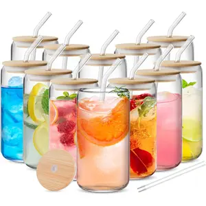 Clear Round Glass Cups 12 Pack 16oz Large Capacity With Bamboo Lids Bent Straws Brushes Home Office Beverage Cup Set For Office Desk