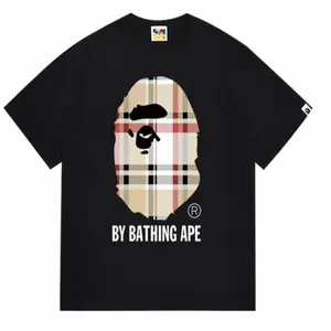 Bathing Ape Iconic Bape Design Short Sleeve T-Shirt with Plaid Ape Head Print for Men for streetwear high- quality material comfortable fit and durable Tshirt Menswear, Stylish Shortsleeve
