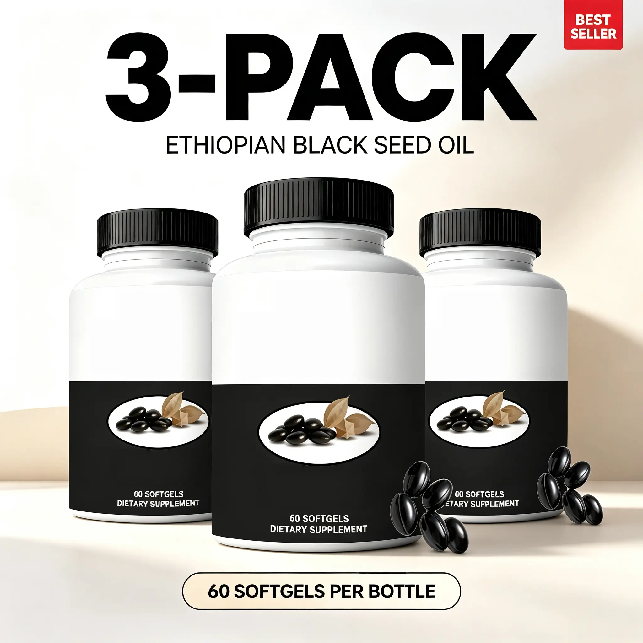 3‑Pack Gentle Daily Wellness Ethiopian Black Seed Oil Softgels, Infused with Vitamin C & D3, Adult Dietary Supplement, Supports Immune System, Healthy Gut Digestion & Balanced Daily Energy, 60 Softgels Per Bottle complex