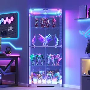 FREDEES Corner Display Cabinet with Glass Doors, 64.7" Tall Curio Cabinet with RGB Lights for Collectibles, 4-Tier Showcase Display Case with Human Sensor for Toys, Books