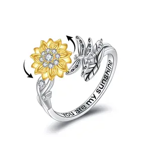 Anxiety Rings for Women and Men  S925 Silver Spinner Fidget Band Sunflower Rings  for Stress Relief and Wedding Promise Comfort Fit Size 7-11