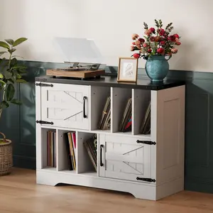 Garvee 39 Inch Vinyl Record Player Stand with Storage Cabinet and Barn Doors Mid Century Farmhouse Style Turntable Table Holds 450 Albums Ideal for Living Room Bedroom or Office in White and Blue