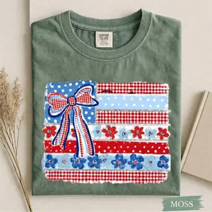 Comfort Colors Coquette American Flag PNG, Patriotic Bow Ditsy Floral, Checkered USA Design, Retro Brushstroke, 4th of July