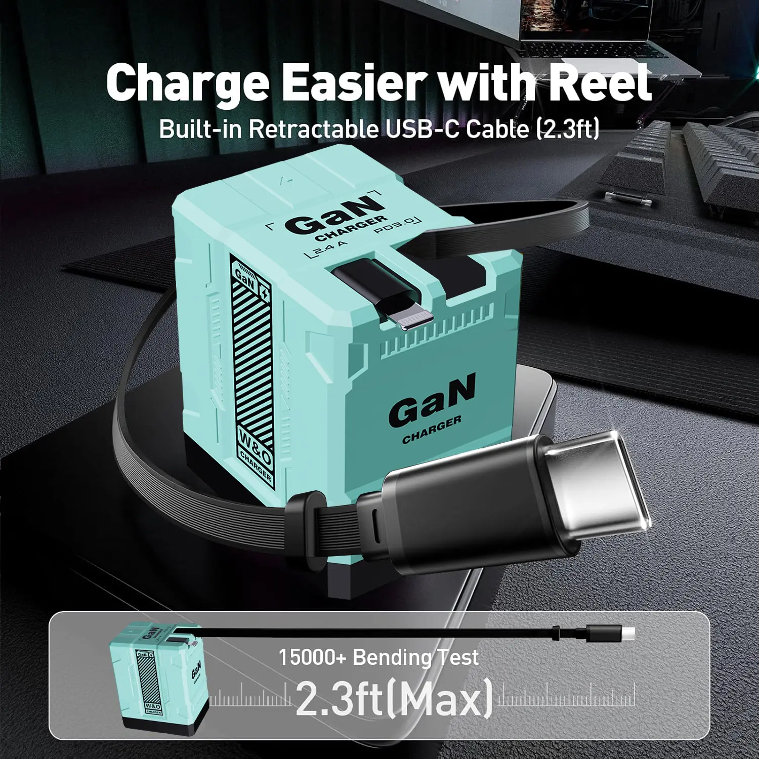 GaN Travel Charger - 4-in-1 Portable Folding Mobile Adapter with Built-in Retractable Type-C & Lightning Cables, PD Fast Charge Desktop Station for iPhone 16/15, AirPods, Samsung & Other Devices
