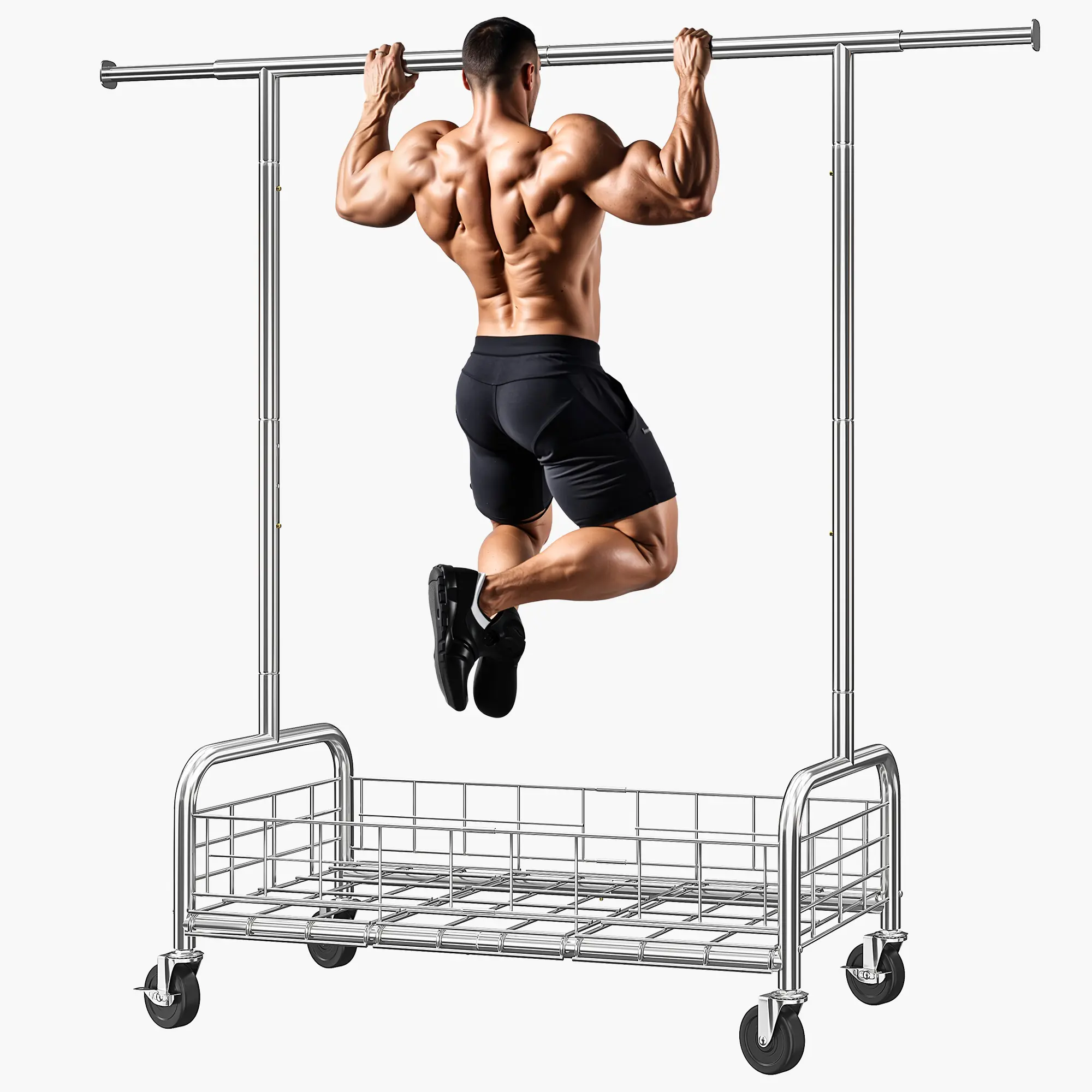 Raybee Clothes Rack Load 400 LBS, Rolling Heavy Duty Clothes Rack with Sturdy Wheels & Basket, Portable & Adjustable & Commercial Garment Rack, Chrome