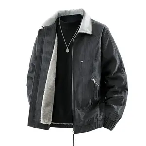 Men’s Black Corduroy Sherpa-Lined Jacket, Retro Casual Warm Coat with Contrasting Collar and Zippered Pockets