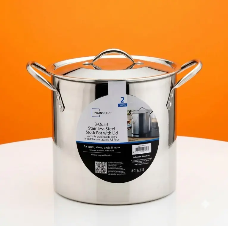 Mainstays 8-12 Qt Stainless Steel Stock Pot with Lid Easy Clean Steel Soup Pot Heat Resistant Handles Kitchen Tools Bulk